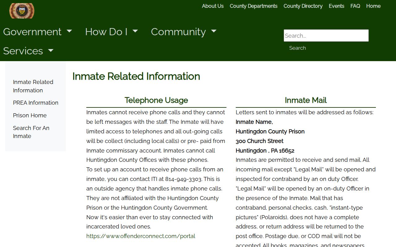 Huntingdon County Prison inmate information without a released inmate list
