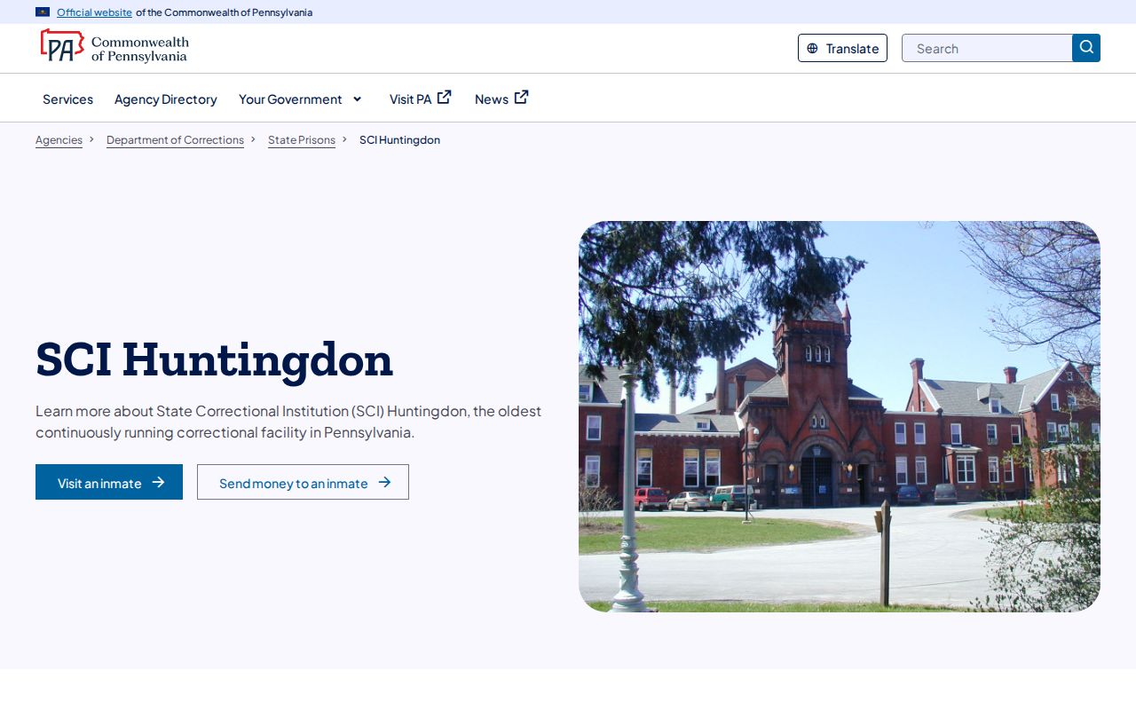Official SCI Huntingdon facility page for state prison release context