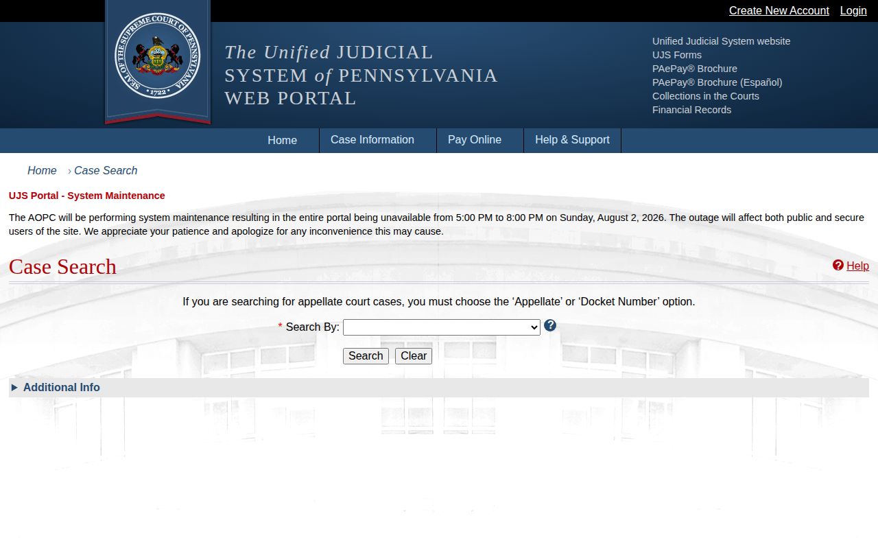 Pennsylvania court docket search for Huntingdon County release records