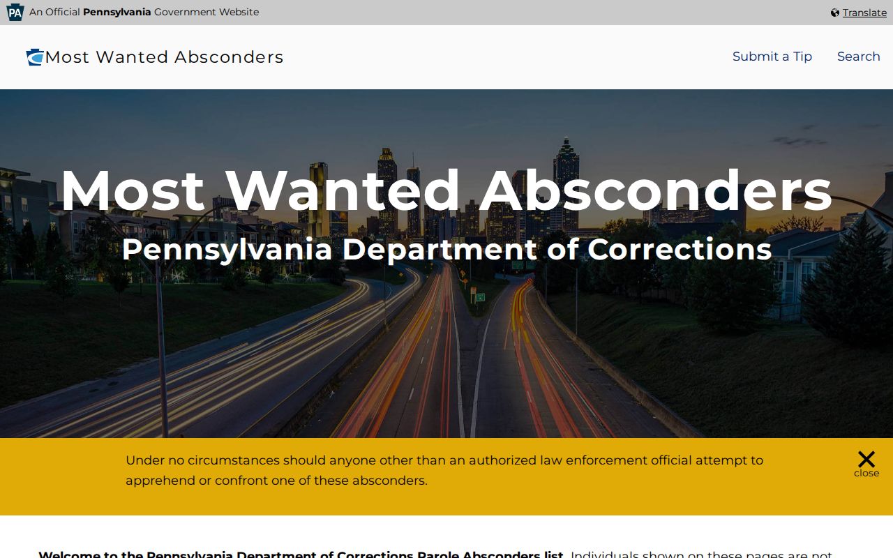 Huntingdon County post-release supervision search on the PA parole absconder page