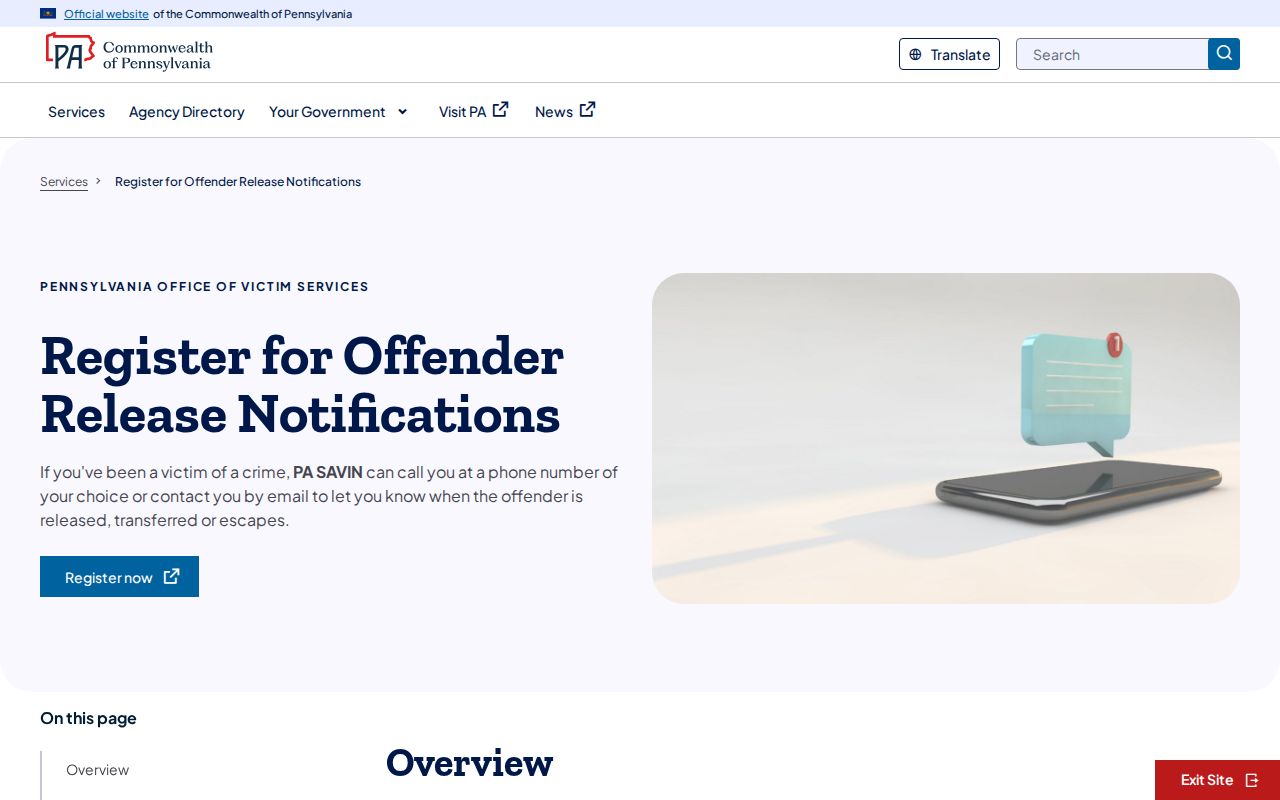 Huntingdon County release notification registration through PA SAVIN